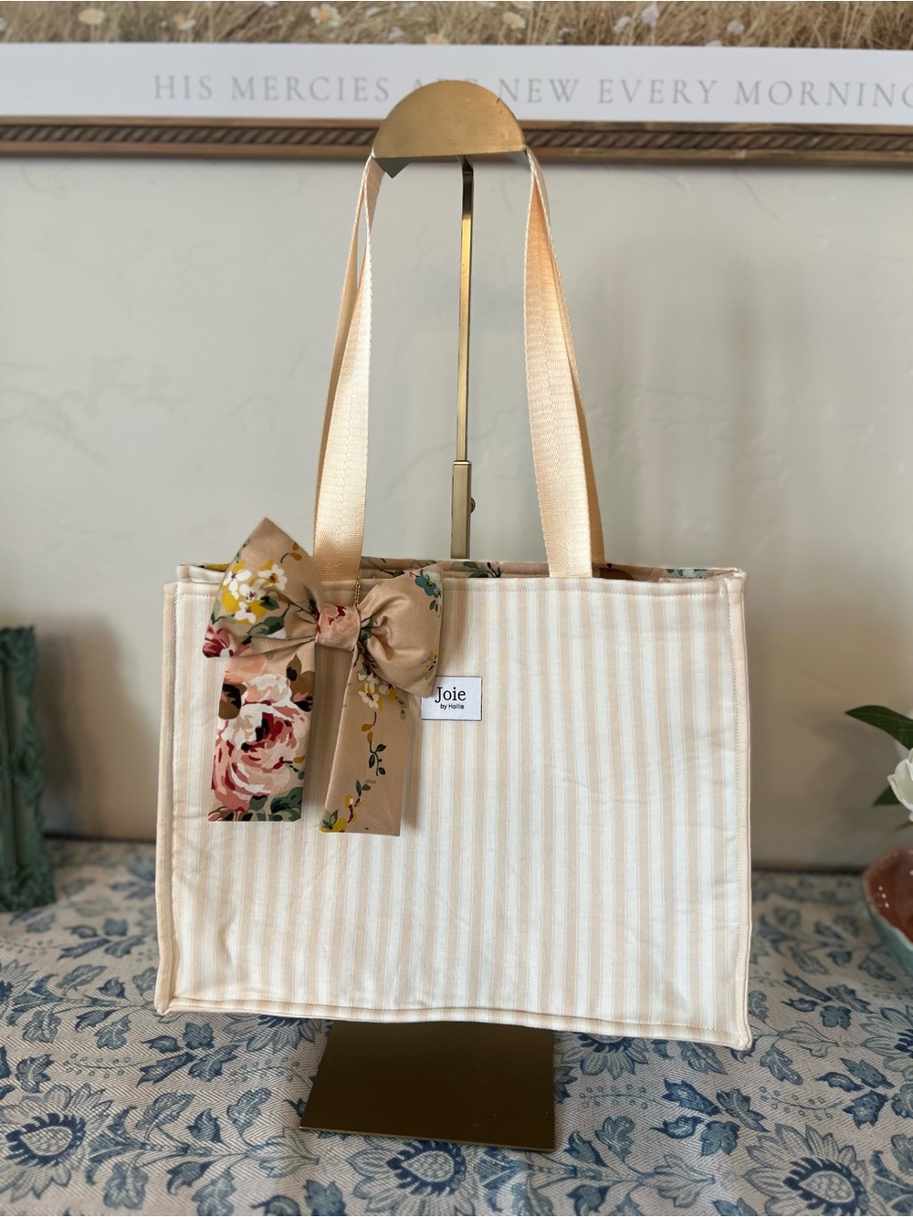 Joie by Hollie Handmade Cram and Tan Striped Tote Bag with Floral Bow. $65 Firm🌷